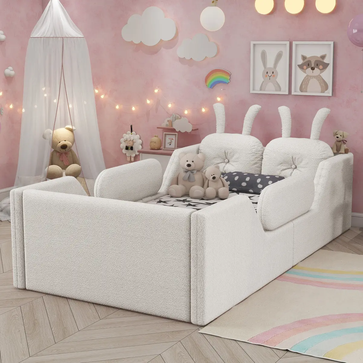Twin Size White Teddy Fabric Upholstered Platform Bed - Rabbit Cushion, Removable Safety Rails, Foam Padding, Safe Floor Bed Frame