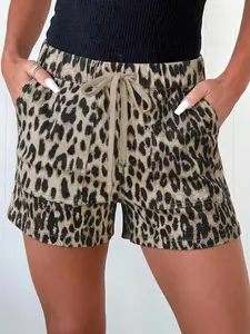 Brown Retro Leopard Print Denim Shorts, Elastic Waistband with Lace-up Detail, Mid Rise Casual Shorts for Women, Streetwear Summer Fashion, Comfortable & Breathable summervibes