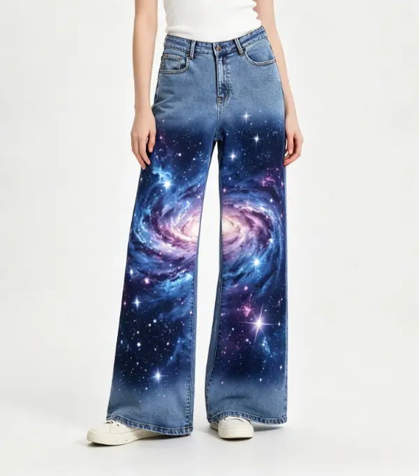 Gradient Light To Dark Wash High Waist Full Swirl Galaxy Purple Blue Nebula Twinkle Star All Over Print Wide Leg Jeans Women Dreamy Futuristic Y2K Loose Bootcut Denim Pants, Cosmic Space Printed Pattern
