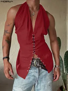 INCERUN Men's Fashion Casual Party Waist Cinching Sleeveless Vest Gilet, Plain Color Design, Stylish Backless Top, Perfect for Parties and Events