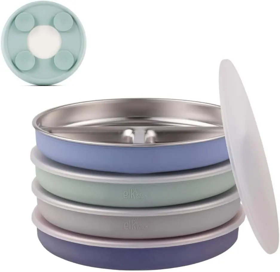 Stainless Steel Divided Plates with  Sleeve for  &  | Lids Included | Stay Put Suction | Dinner & Snack Plates | 4 Pack