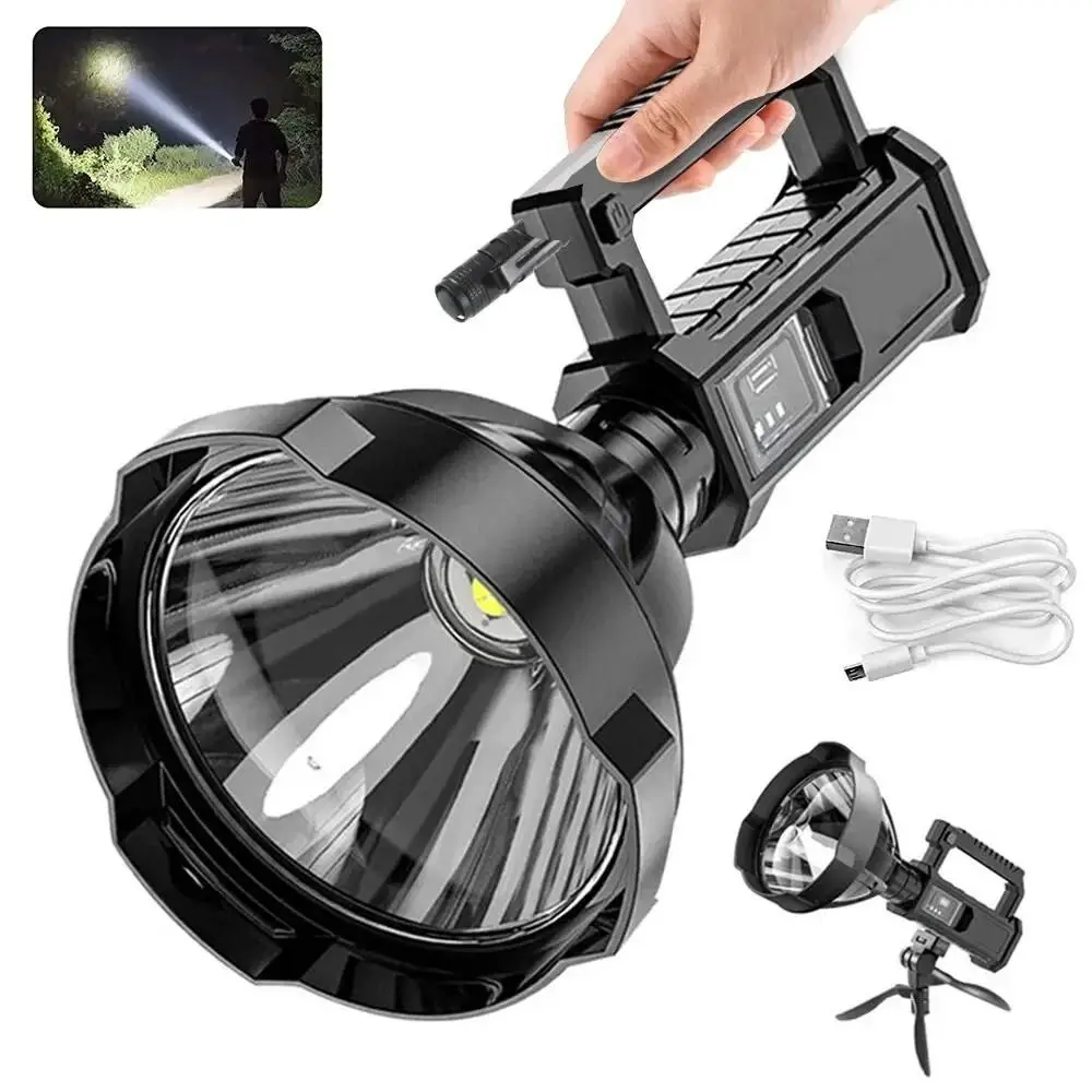 Portable LED Flashlight, USB Rechargeable Spotlight, Waterproof Flashlight with Rotatable Stand, Outdoor Handheld Spotlights, Outdoor Camping Fishing Lighting