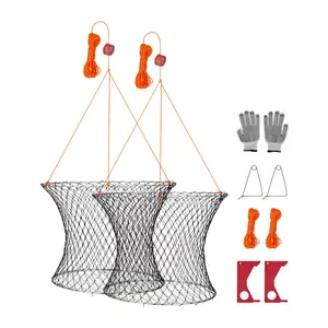 VEVOR Double Ring Crab Trap, 24 inch Top, 20 inch Bottom, Two Rings Crab Kit, Foldable Fishing Net with Gauge, 60 ft Rope, Wire Grid Bottom, Rock and Blue Crab, Dock & Pier Crabbing, 2 Set