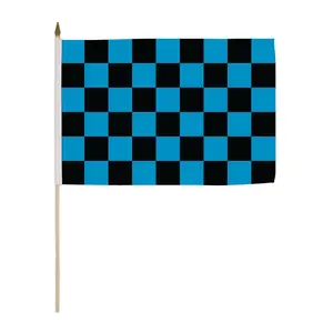 12x18in Checkered Print Stick Flag, Blue & Black Bright Colors, Wooden-Plastic Construction, Party & Parade Use, Festive Supplies Backdrop Banner