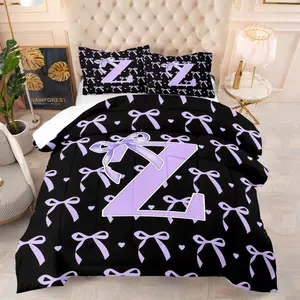 Purple Bow Monogram A-Z Letter Comforter Set, Coquette Style 2/3 Piece Bedding Set for Teens, Girls & Kids Bedroom, Dorm & Guest Room (1 Quilt + 1/2 Pillowcases)