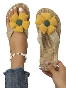 Women's Sunflower Flower Straw-Like Flip Flops, Summer Outdoor Non-Slip Sandals, Forest Style Vacation Casual Slippers