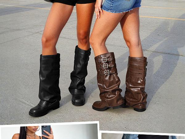 DREAM PAIRS Fold-over Knee High Fashion Boots for Women | Adjustable Buckle,Low Chunky Heel,Comfort Slouchy Boots,Festival Party Going Out Looks,Long Tall Fashion Casual Boots