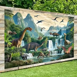 2D Flat Banner Polyester Photography Backdrop, HD Digitally Printed Dinosaur Prehistoric Jungle Theme Background Cloth, Soft Lightweight Foldable Photo Background for Birthday Party Decorations, Video Studio, Livestream, Content C