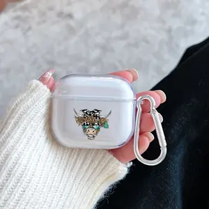 Hipster Highland Cow Pattern TPU Soft Protective Case for Apple AirPods 4/3/2/1/Pro/Pro2 Transparent Earphone Cover with Keychain Attachment