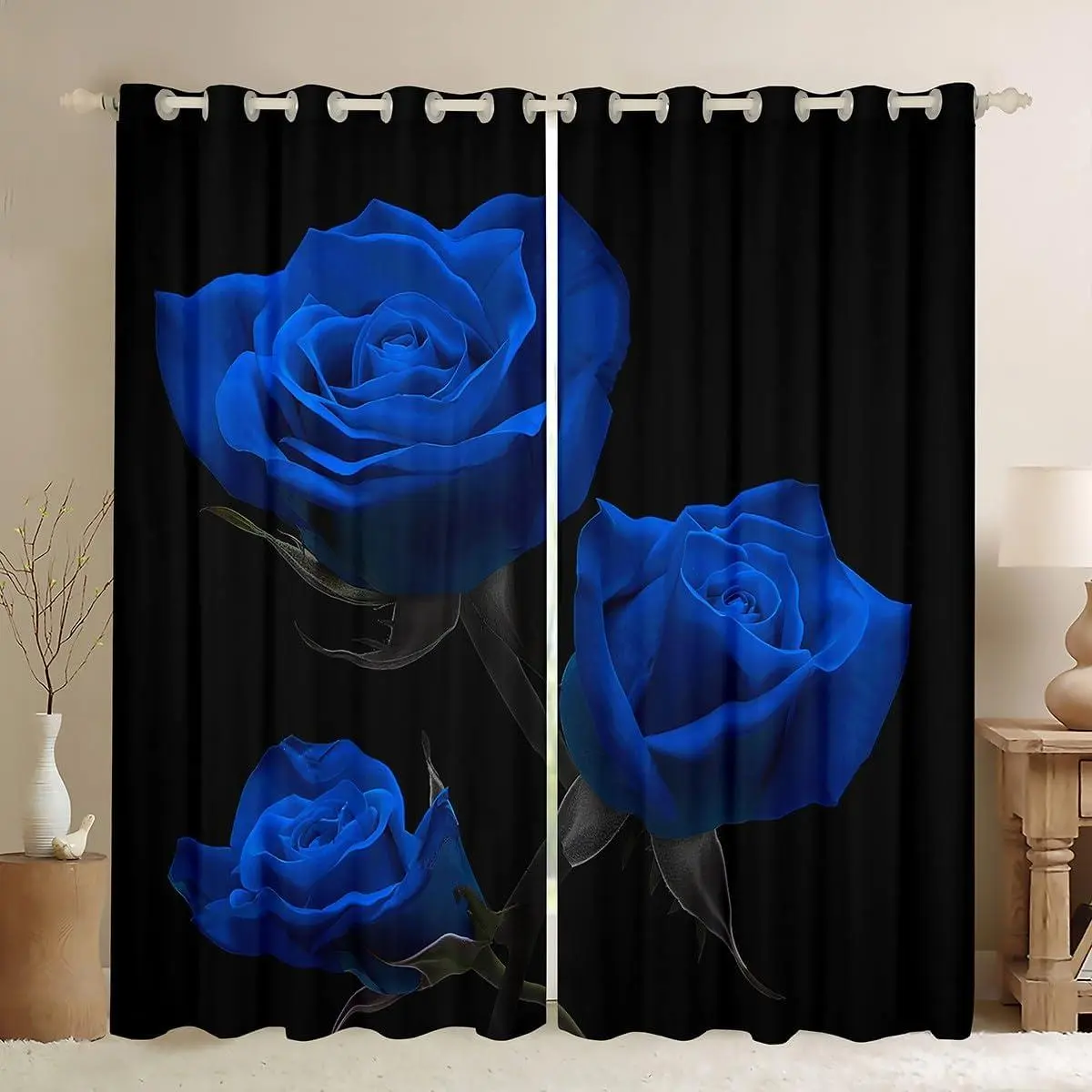 3D Rose Window Curtains Bedroom Living Room Decor Rose Floral Bouquet Curtains Elegant Royal Blue Romantic Flower Window Drapes Valentine's Day Gift Window Treatments,es,2 Panels
