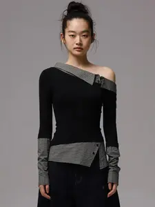 Women's Layered Look Off Shoulder Top Long Sleeve – Gingham Collar Knit, Wool Blend Fitted, Black