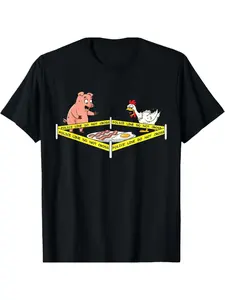 [All season wear] interesting pig and chicken pattern T-shirt, four seasons cotton T-shirt, with "police line do not cross" design, men and women black casual family shirt, relaxed style, for students, clean design, soft touch fabric