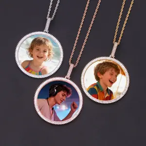 New Hip Hop T-Shaped Zircon Medallions XL Round Picture Pendant Iced Out 68mm Big Circle Custom Photo Charm Necklace