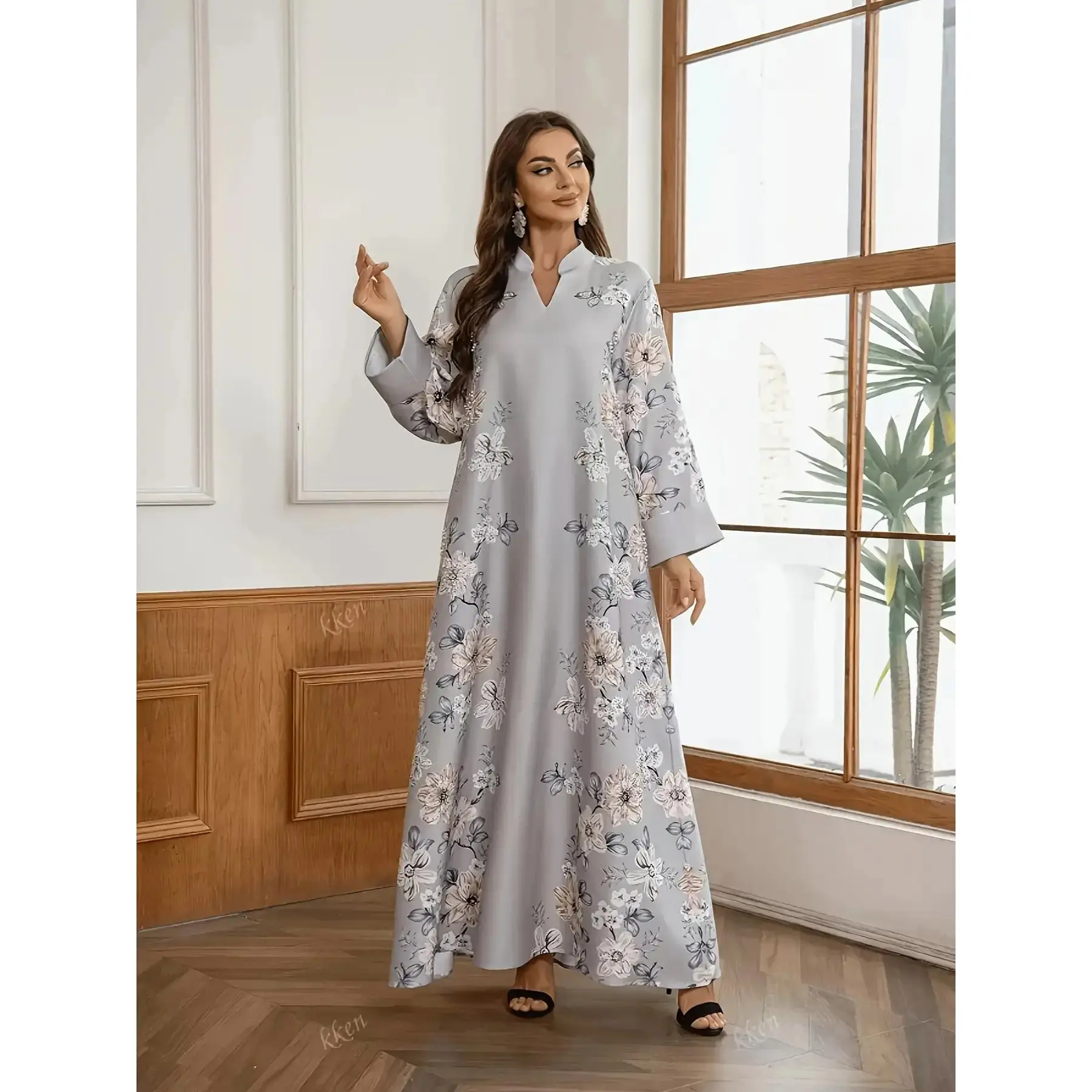 Plus Size, Women's Elegant Turkish Kaftan Dress - Long Maxi Length Floor-Length Islamic Abaya with V-Neck & Long Sleeves, Loose A-Line Silhouette, Floral Print in Soft Pastel Blue/Beige/White/Pink - Non-Stretch Fabric for Muslim Women, Spring/Fall Formal