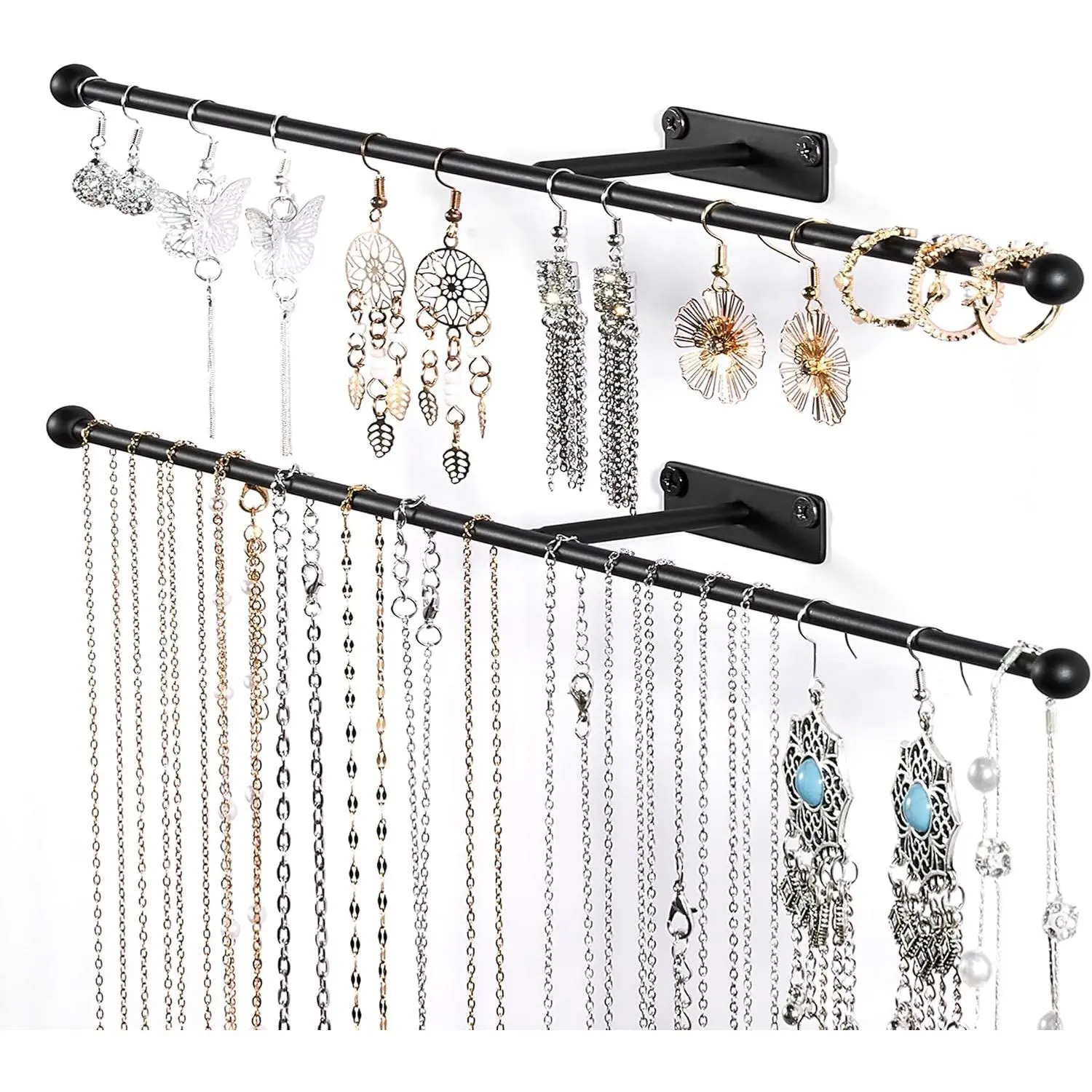 12.6 in Wall-Mount Multifunctional Jewelry Organizer - Necklace, Earring, Bracelet Holder with Black Storage Boxes for Bathroom Accessories Storage