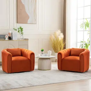 Set of 2 Swivel Barrel Accent Chairs – Modern Round Velvet Armchairs with Plush Pillow, Comfy Lounge Chairs for Living Room, Bedroom, or Nursery, Orange