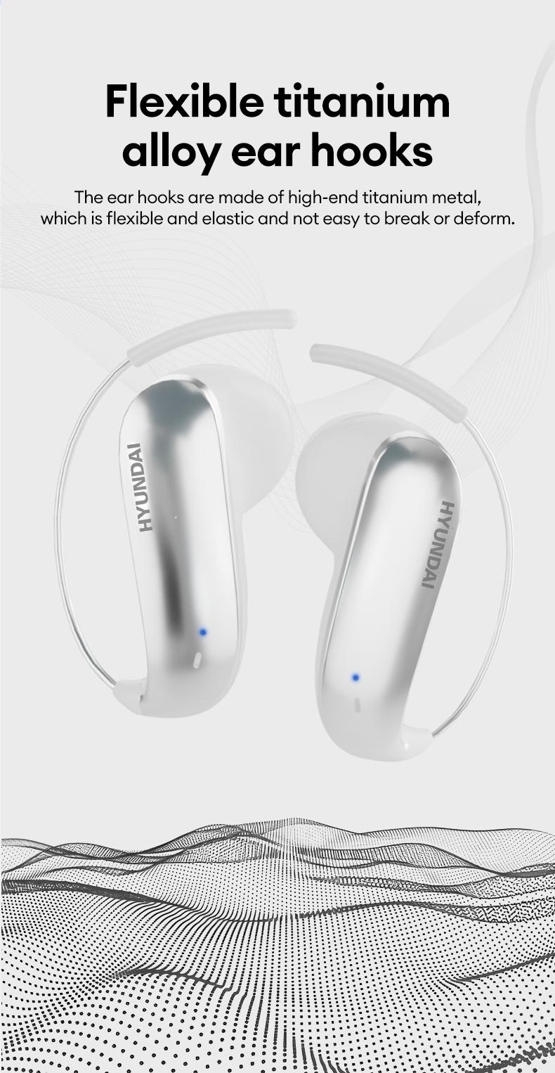 HYUNDAI D78 Earhook Bluetooth Earphone, with a new lightweight and micro in ear titanium alloy ear hook design, paired with a transparent and stylish headphone compartment, is very suitable for fashionable young people, work, leisure, sports use, etc