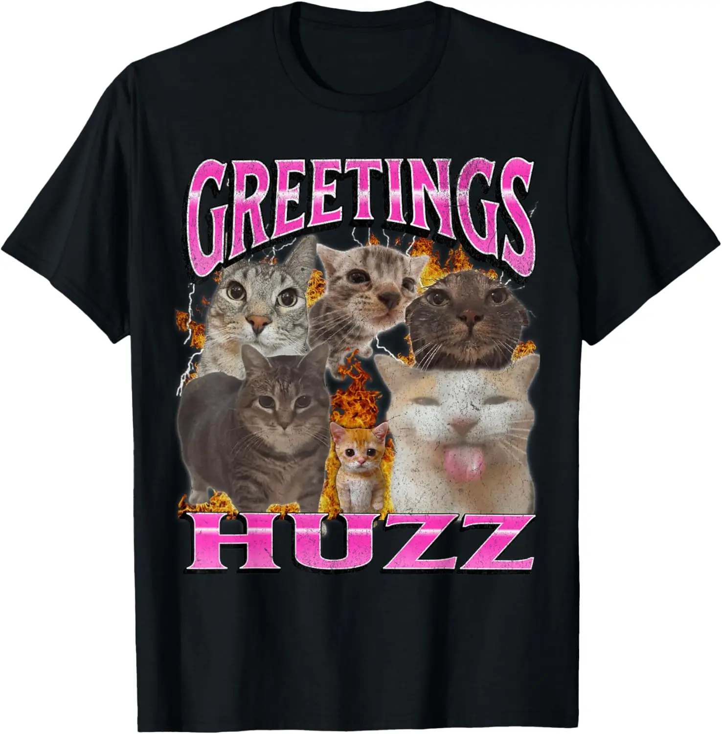 100% Cotton Greetings Huzz Funny Cat Meme Bootleg Graphic Men Women T-Shirt