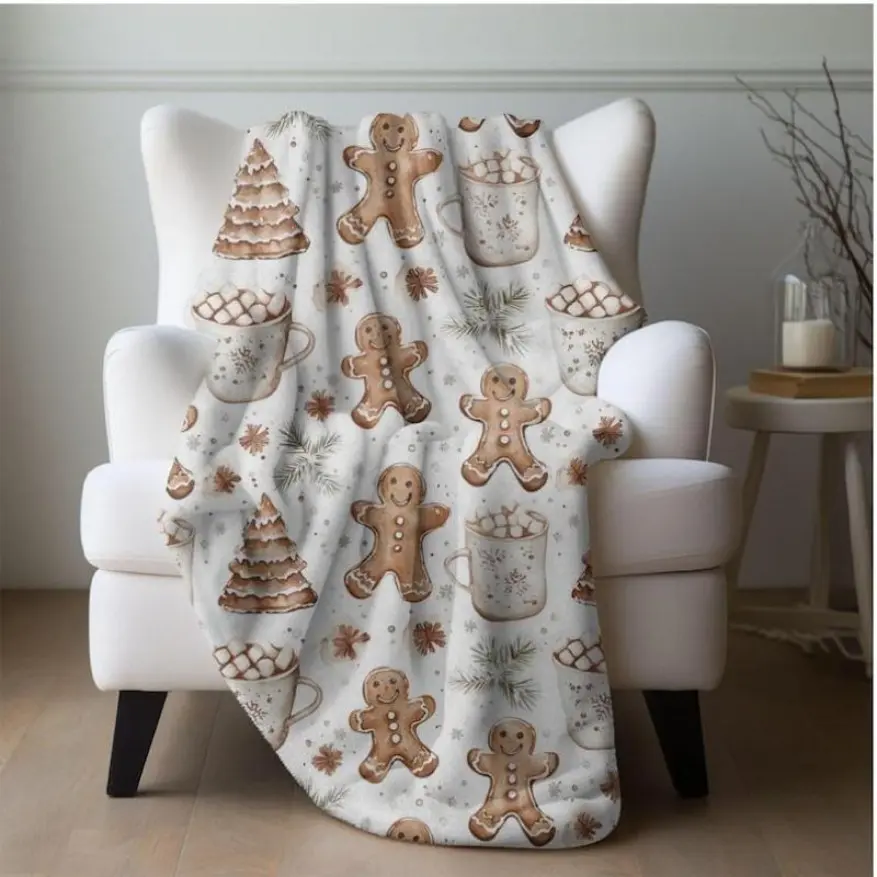 No-Print Gingerbread Man Cookies Boho Blanket, Neutral Holiday Home Decor, Christmas Gift for Family and Friends, Boho Theme