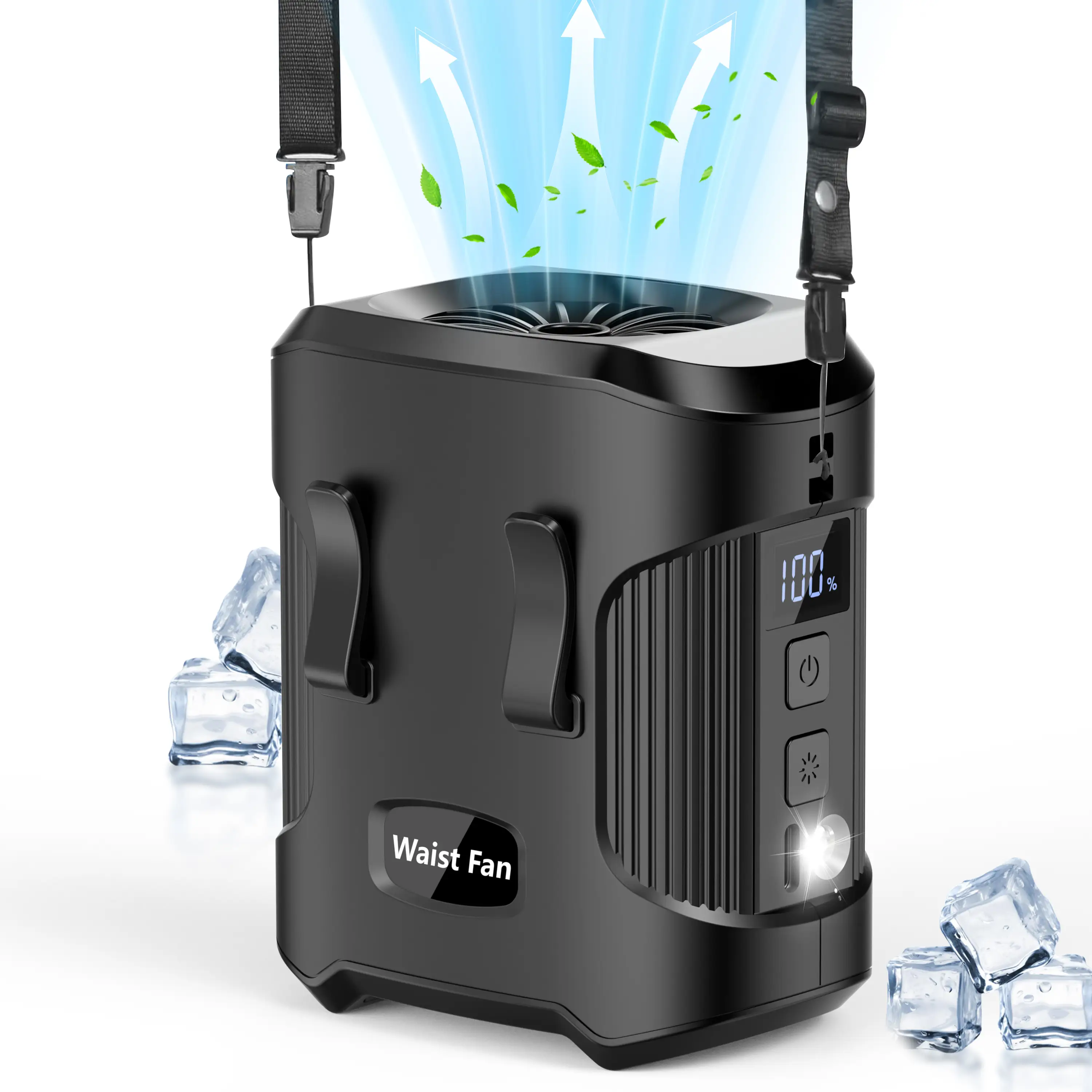 Waist Fan Clip on Shirt Belt Body Wearable Fan 3 Speed & Flashlight Hand-Free Rechargeable Battery Powered Fan with Cooling Neck Fan for Outdoor Trave