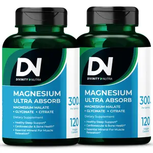 DN 2/3 Packs Triple Magnesium Complex Supplement, High Absorption of Magnesium Glycinate, Malate & Citrate for Stress, Sleep, Muscle & Bone Health, 120 Vegan Caps Edible Dietary, Divinity Nutra