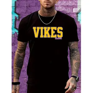 Vikes Minnesota Men's Casual T-Shirt - Short Sleeve, Round Neck, Soft Cotton Fabric, Black with Bold Yellow "VIKES" Print, Comfortable Fit for All Seasons, Sports Fan Clothing |   Round Neck Tee |   Smooth Texture, Sports T Shirt