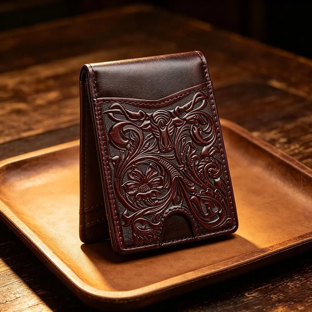 Western  Cowboy Cowhide Leather Men Wallet Floral Embossed Full Grain Leather Wallets for MenBifold Short Wallets With 11 Slot Credit Card Holders Wallet, Gifts for Men Husband