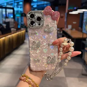 Shell Pattern Rhinestone Swan Protective Phone Case for iPhone 14/15/16, Transparent & Transparent, Anti-Drop Scratch-Resistant