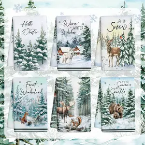 6pcs Winter Kitchen Towel Set - 16x24 in Polyester Cleaning Dishcloths, Festive Cartoon Wildlife & Snowflake Design, Modern Farmhouse Decor, Highly Absorbent, Hand Wash Only, Christmas Holiday Decoration
