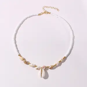Boho Shell Beaded Choker Necklace for Women Beach Cowrie Shell Necklace Minimalist Coastal Jewelry Y2K Aesthetic Summer Vacation TikTok Viral Gift Accessories