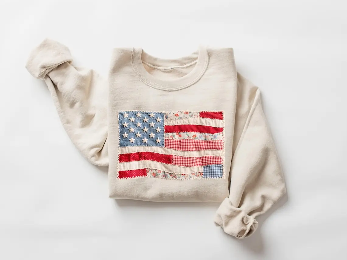 Retro American Flag Sweatshirt, Faux Patchwork USA Flag Shirt, Patriotic Graphic Shirt, Fourth of July Shirt, 4th of July Sweatshirts