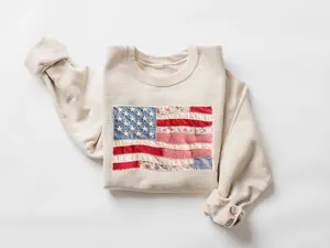 Retro American Flag Sweatshirt, Faux Patchwork USA Flag Shirt, Patriotic Graphic Shirt, Fourth of July Shirt, 4th of July Sweatshirts
