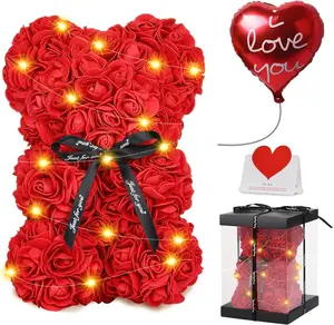 Rose Bear Christmas Flower Gifts for Her, Rose Teddy Bear with Lights, Cute Teddy Flower Bear, Birthday Gifts for Girl, Cute Romantic Gifts for Wife Girlfriend with Transparent  Box and Love Card