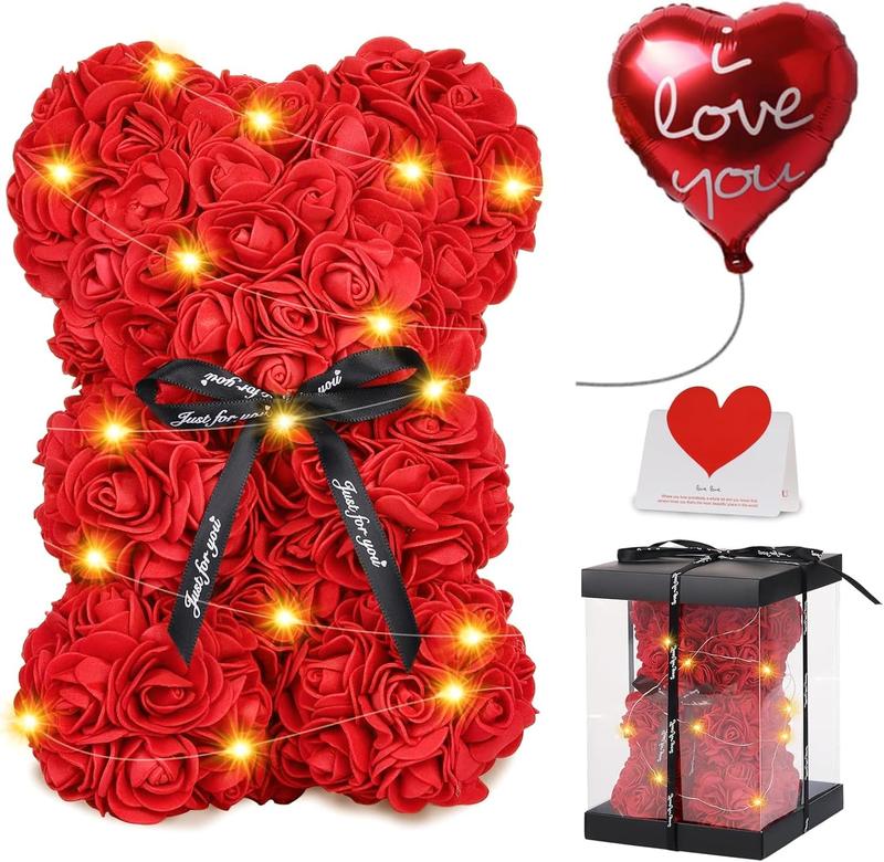 Rose Bear Christmas Flower Gifts for Her, Rose Teddy Bear with Lights, Cute Teddy Flower Bear, Birthday Gifts for Girl, Cute Romantic Gifts for Wife Girlfriend with Transparent  Box and Love Card
