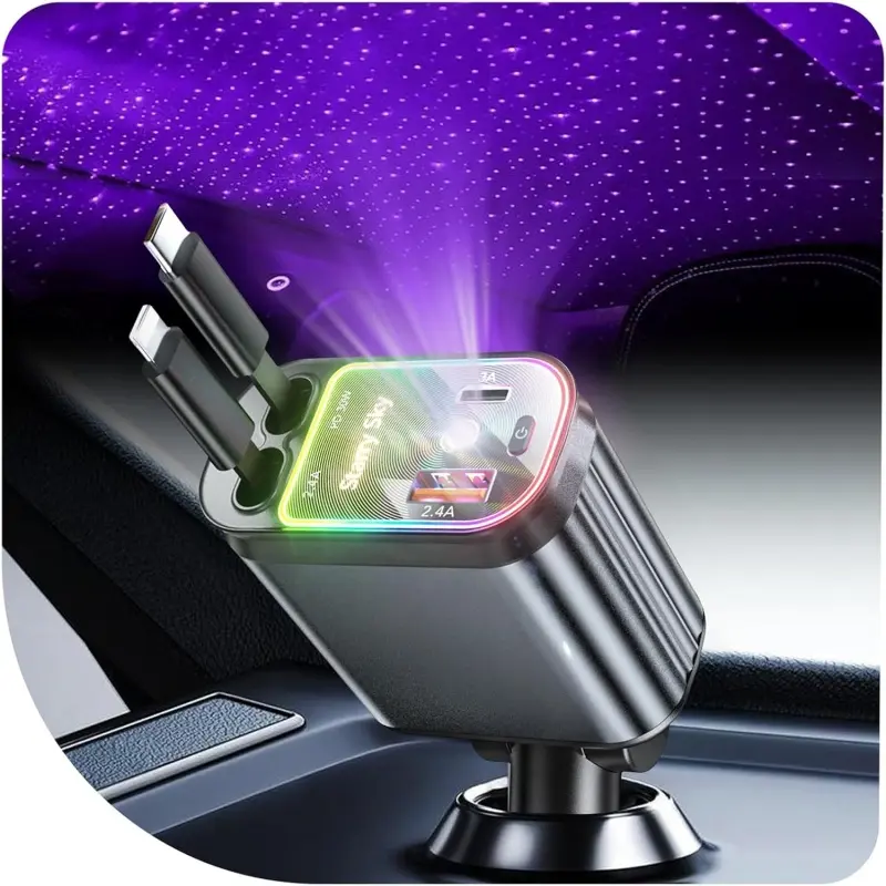 Retractable Car Charger with Starlight, 120W Purple/ Red Starlight Retractable Car Phone Charger Adapter, 4 in 1 in Car roof Fast Charging USB C Cable, Compatible with iPhone 16/15/14/13/12/,Pixel [Summer Sale]