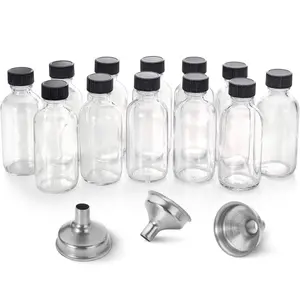 12 Pack, 2 oz Small Clear Glass Bottles w/Lid & 3 Funnels - 60ml Boston Shot Bottles for Health, Immunity, Potion, Wellness, Sample, Ginger, Juice - Mini Personal Care & Beauty Travel Bottle