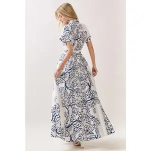 Heidi Short Sleeve Waist Tie Coral Print Maxi Dress Blue