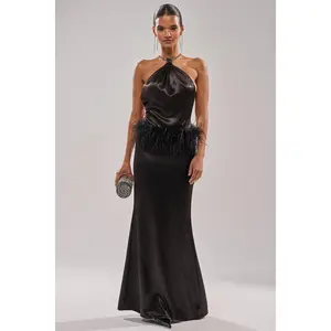 WHO IS SHE SATIN FEATHER MAXI DRESS IN BLACK