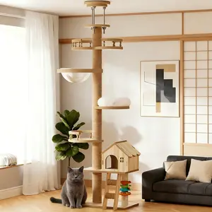 Extra Large Floor to Ceiling Cat Tree, Adjustable Height Cat Tower with Scratching Post, Wood Cave Bed & Hammock for Indoor Cats