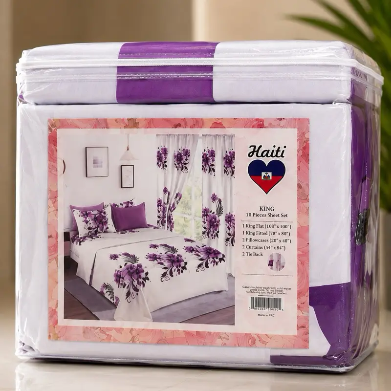 King 10 pieces sheet set  1 king flat 108”*100  1 king fitt ed (78”*80”) 4 pillow case (20”*36”) 2 curtains (54*84”) 2 tie back