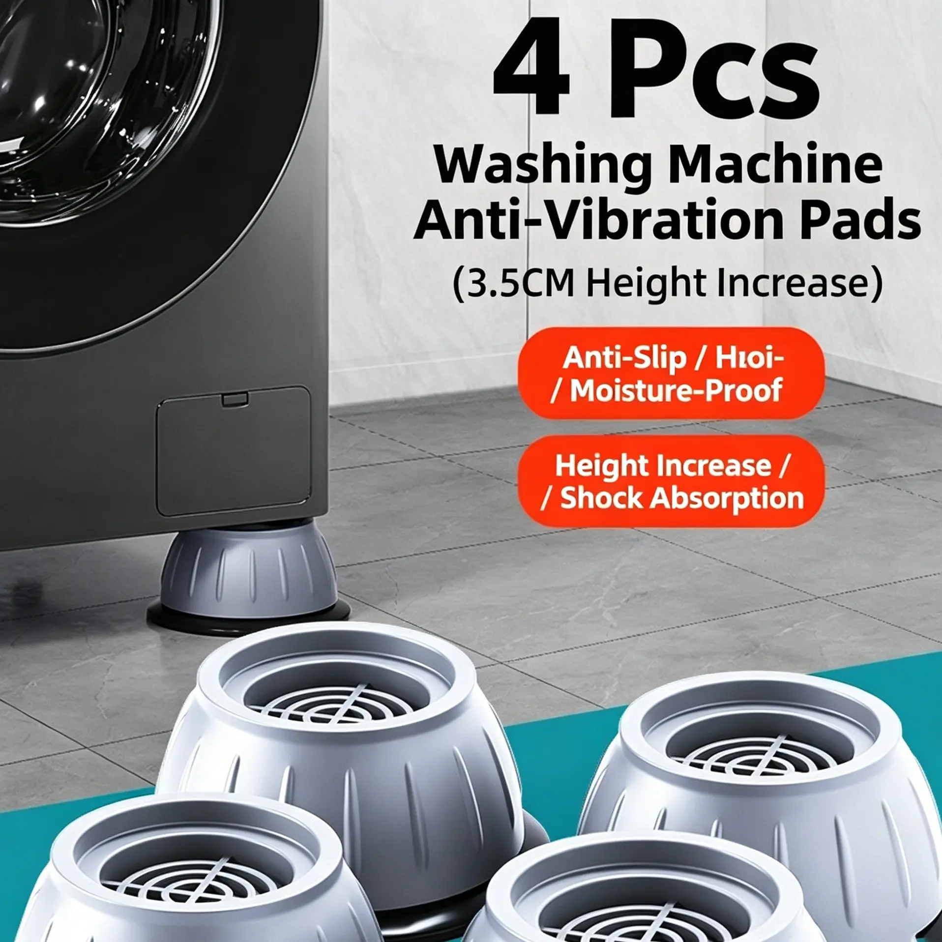 4-Piece Durable Anti-Vibration Sports Mats for Washing Machines, Ergonomic Shock-Absorbing Risers with Height Increase, Noise Reduction & Moisture Buildup Prevention for Laundry & Kitchen Appliances, Ergonomics, Home Appliances, Silent, Stable, Washing Ma