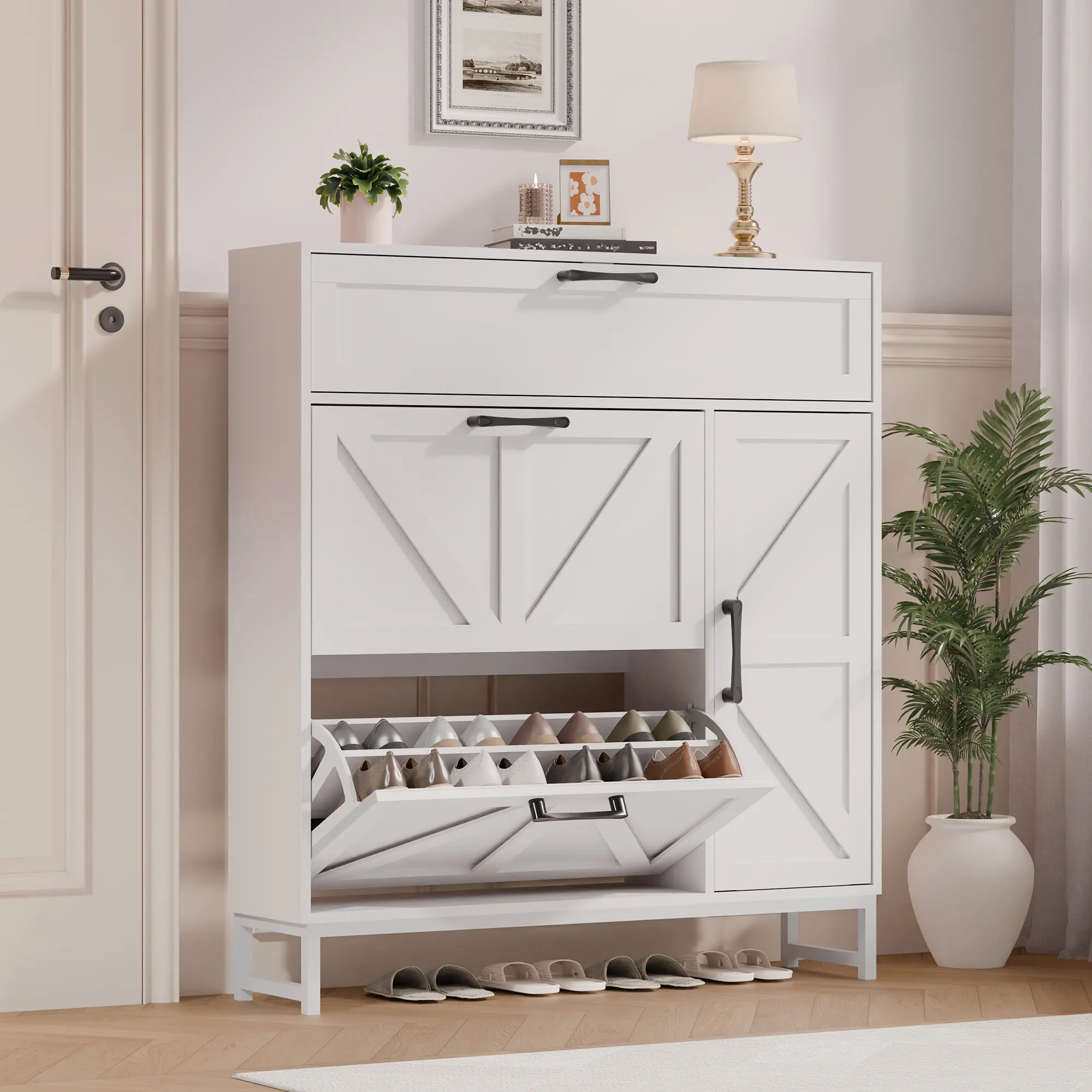 Modern Entryway Organizer: Smoky Brown Cabinet w/ 360° Turntables, Adjustable Shelf & Safety Kit (100x24x110cm)