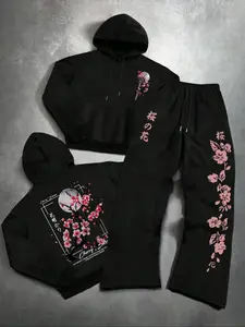 Men's Fashion Casual Two-Piece Set Outfit, Japanese Cherry Blossom Floral Print Hoodie & Drawstring Straight-Leg Pants, Spring Fall Winter Sports Wear