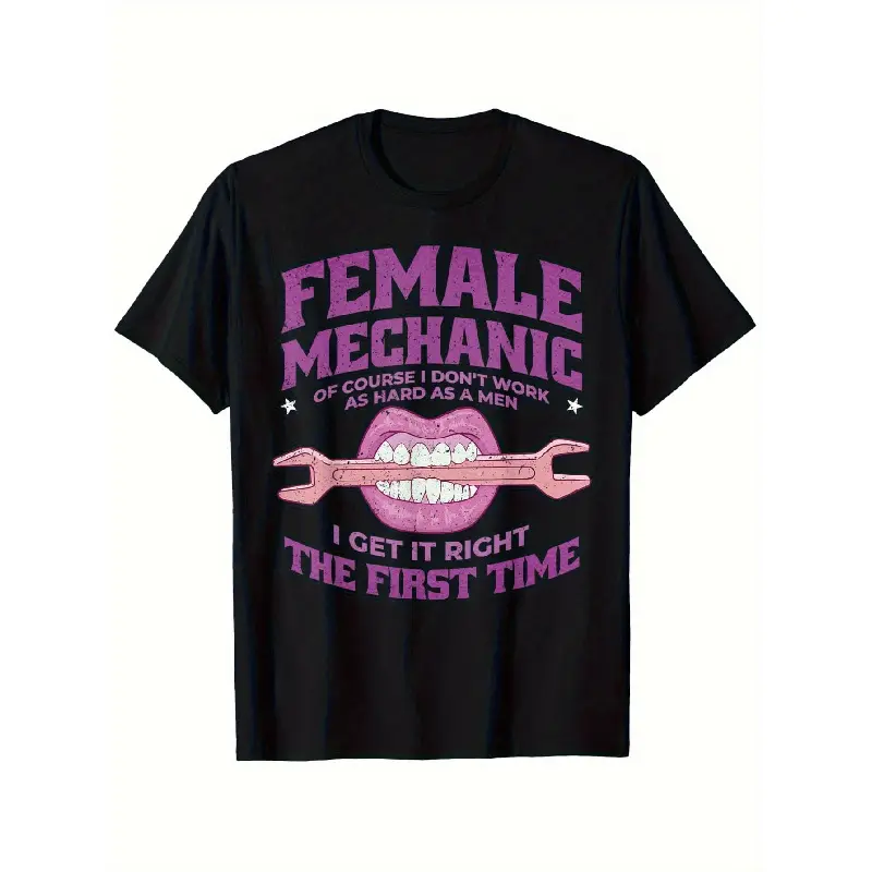 Men's Pure Cotton Casual Cartoon Graphic Tee - Short-Sleeve Round Neck Vintage Unisex Top, Female Mechanic "I Get It Right The First Time" Slogan, Wrench & Car Parts Auto All Over Print, Foldable, S-XXXL for Auto Repair, All Seasons