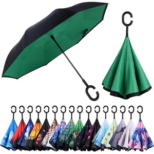 Inverted Umbrella, Windproof Reverse Umbrellas for Rain with Reversible Inside-Out Design Large Upside Down Umbrella for Women & Men with C-shaped Handle (Green)