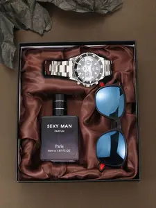 Elegant Multifunctional Quartz Wristwatch with Stylish Fashion Glasses and Charismatic Men's Perfume, Luxury Gift Set for All Seasons