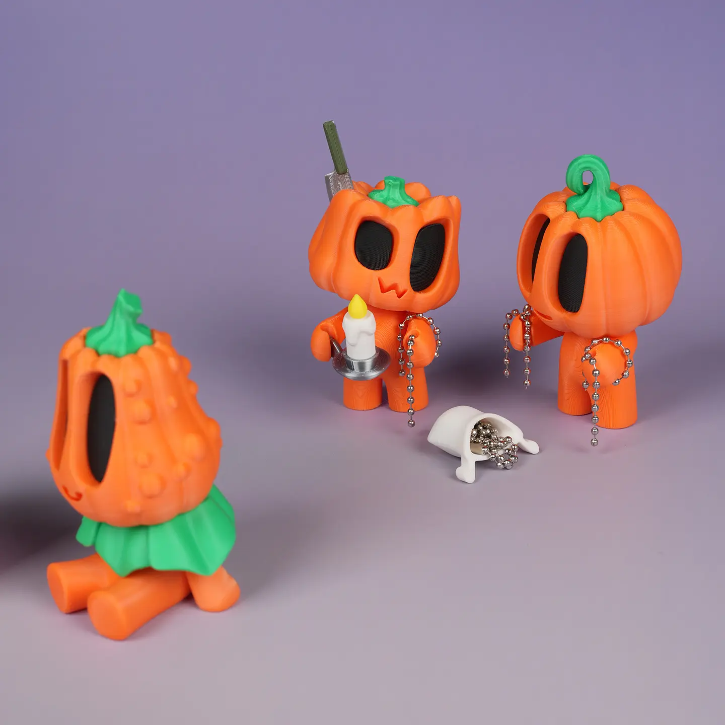 New 3D-printed Halloween pumpkin-man and ghost mini-figurine toy/ornament – ​​a Halloween gift for children.
