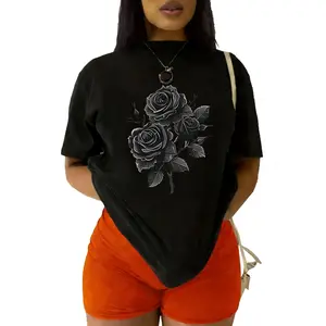 Black Rose Floral Crew Neck T-Shirt Summer, Cotton, Casual, Short Sleeve, Graphic Tee, Soft, Breathable, Loose Fit, Streetwear, Daily Wear, T-Shirt