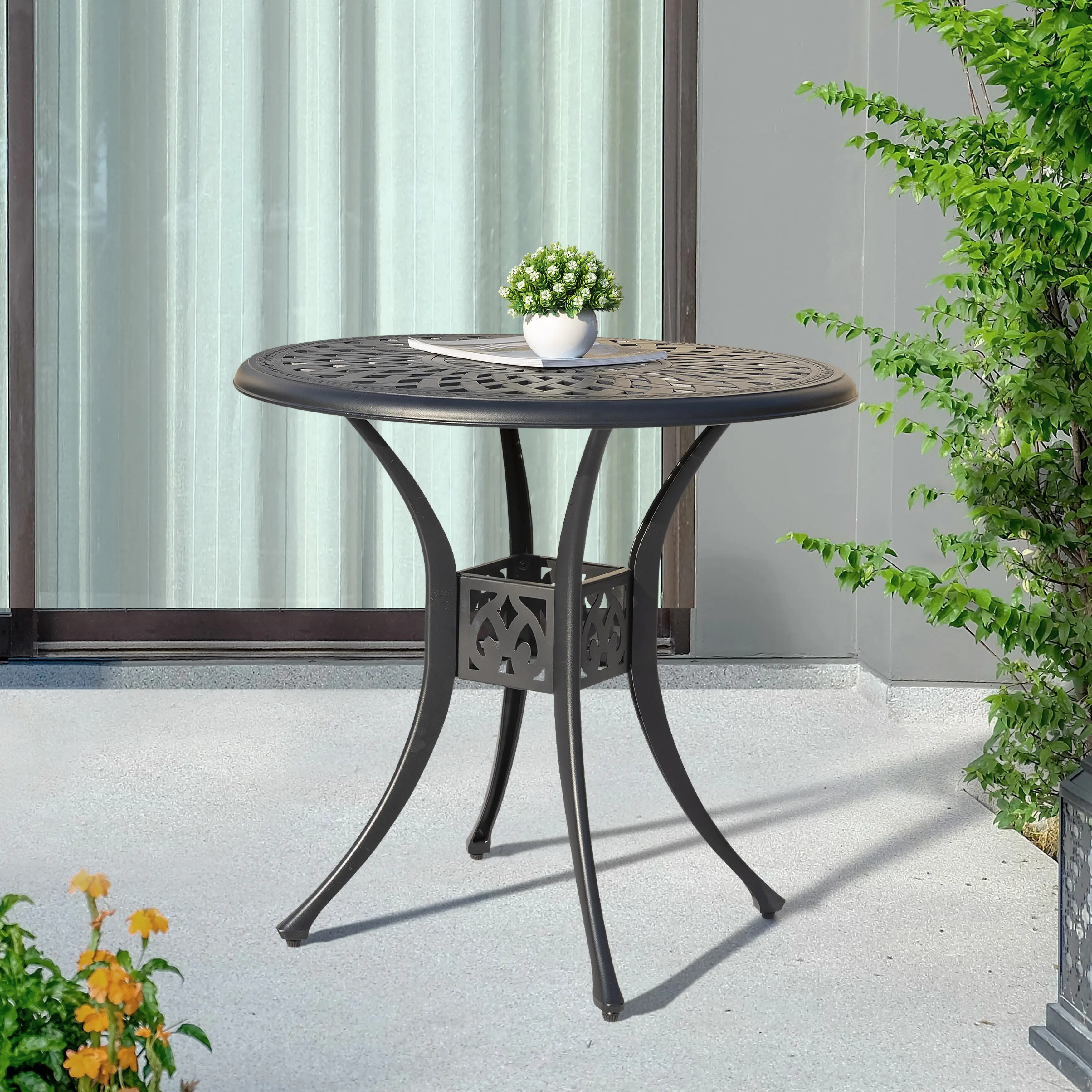 31 Inch Outdoor Dining Table with Umbrella Hole, Cast Aluminum Round Patio Bistro Table for Backyard, Garden, Patio, Porch