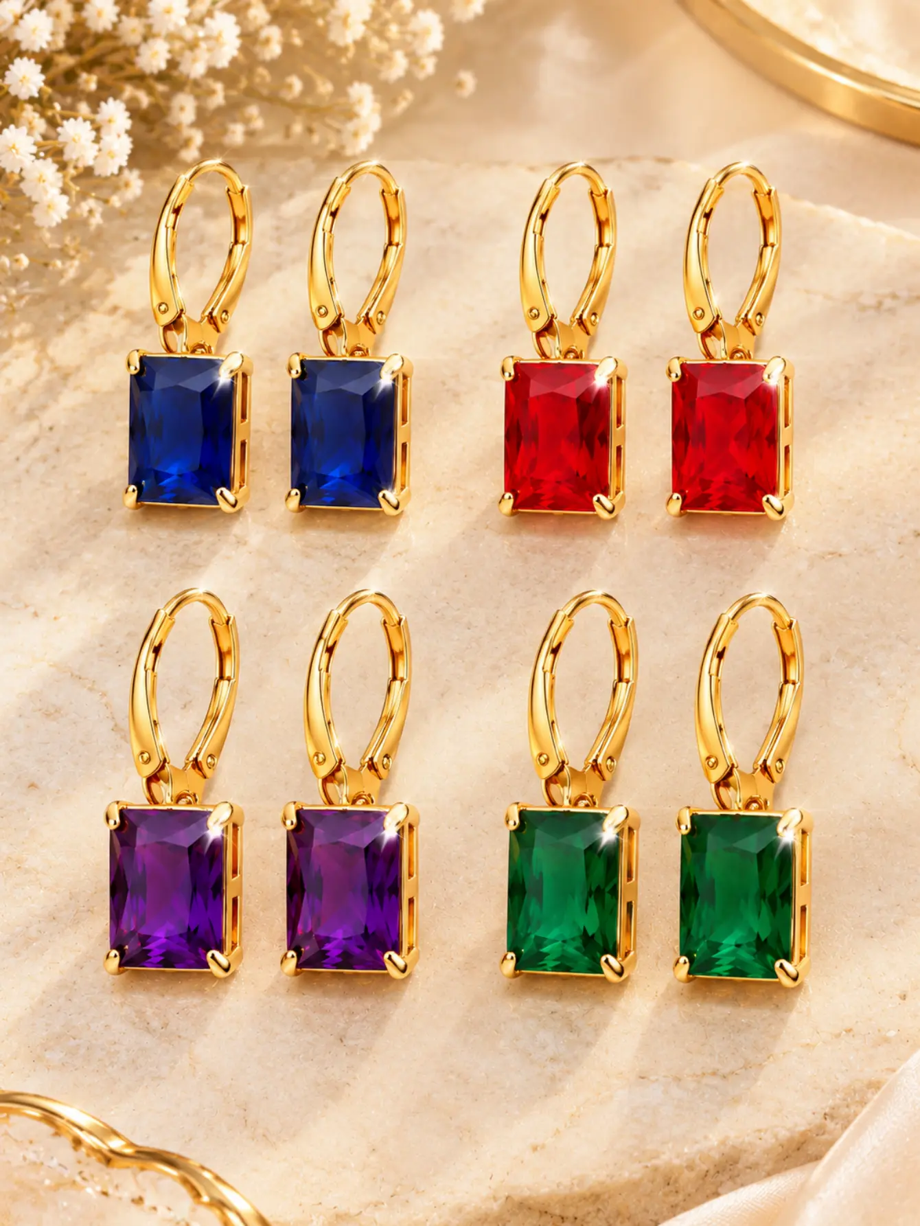 4 Pairs Luxury Leverback Drop Earrings Set, Large Rectangle Square Colored Stone Dangle Earrings for Women, Royal Blue / Amethyst Purple / Emerald Green / Ruby Red Earrings, Gold Tone Four-Prong Earrings for Women, Exquisite Woman Accessories for Women